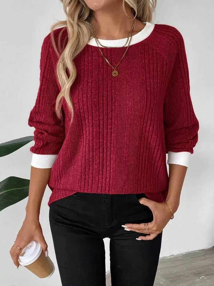 Mixed-Rib Sweater With Contrast Cuffs And Neckline – Burgundy