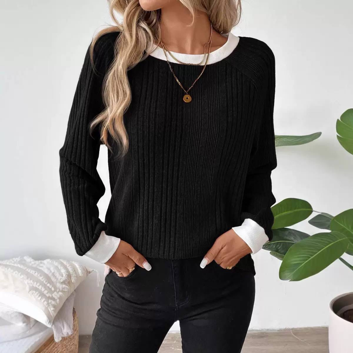 Mixed-Rib Sweater With Contrast Cuffs And Neckline – Black
