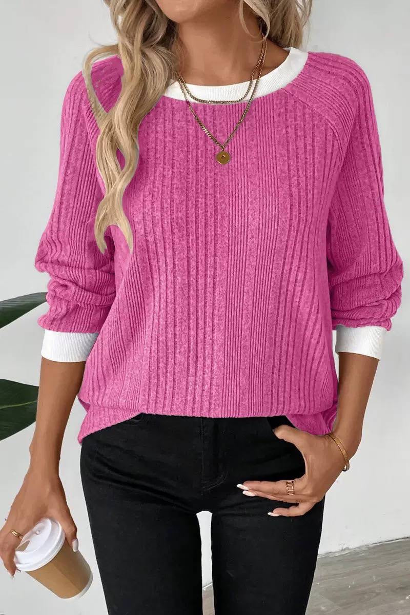 Mixed-Rib Sweater With Contrast Cuffs And Neckline – Bright Pink