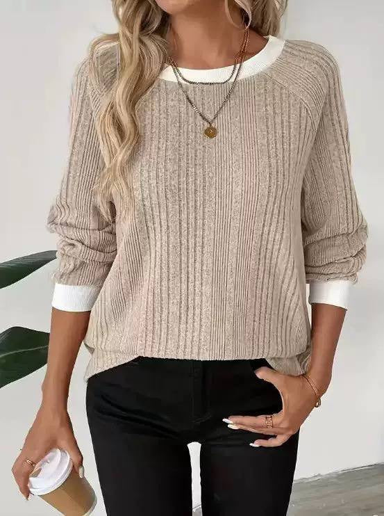 Mixed-Rib Sweater With Contrast Cuffs And Neckline – Beige