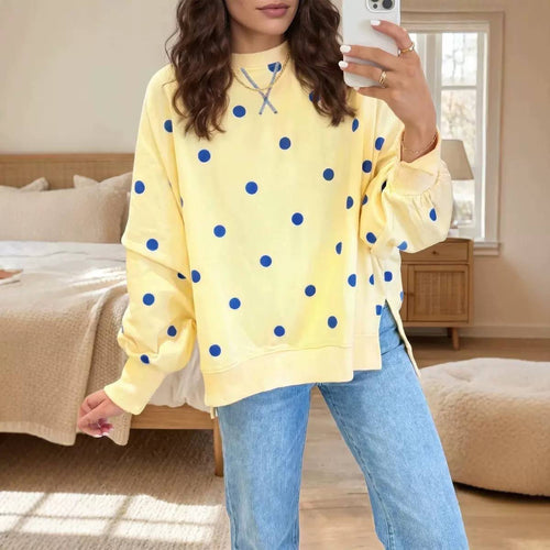 Dropped Shoulder Polka Dot Sweatshirt With Split Hem – Yellow Polka Dot