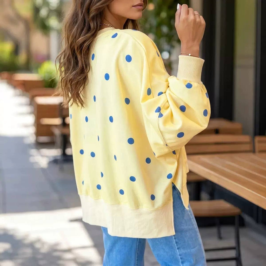 Dropped Shoulder Polka Dot Sweatshirt With Split Hem – Yellow Polka Dot