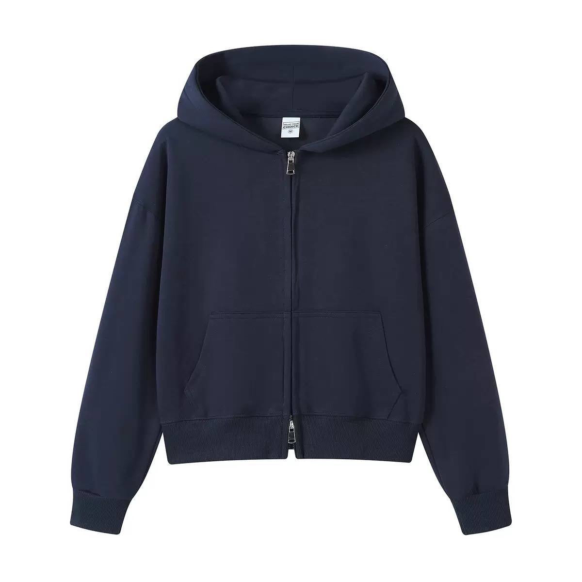 Hooded Jacket With Ribbed Cuffs and Two-Way Zipper – Navy