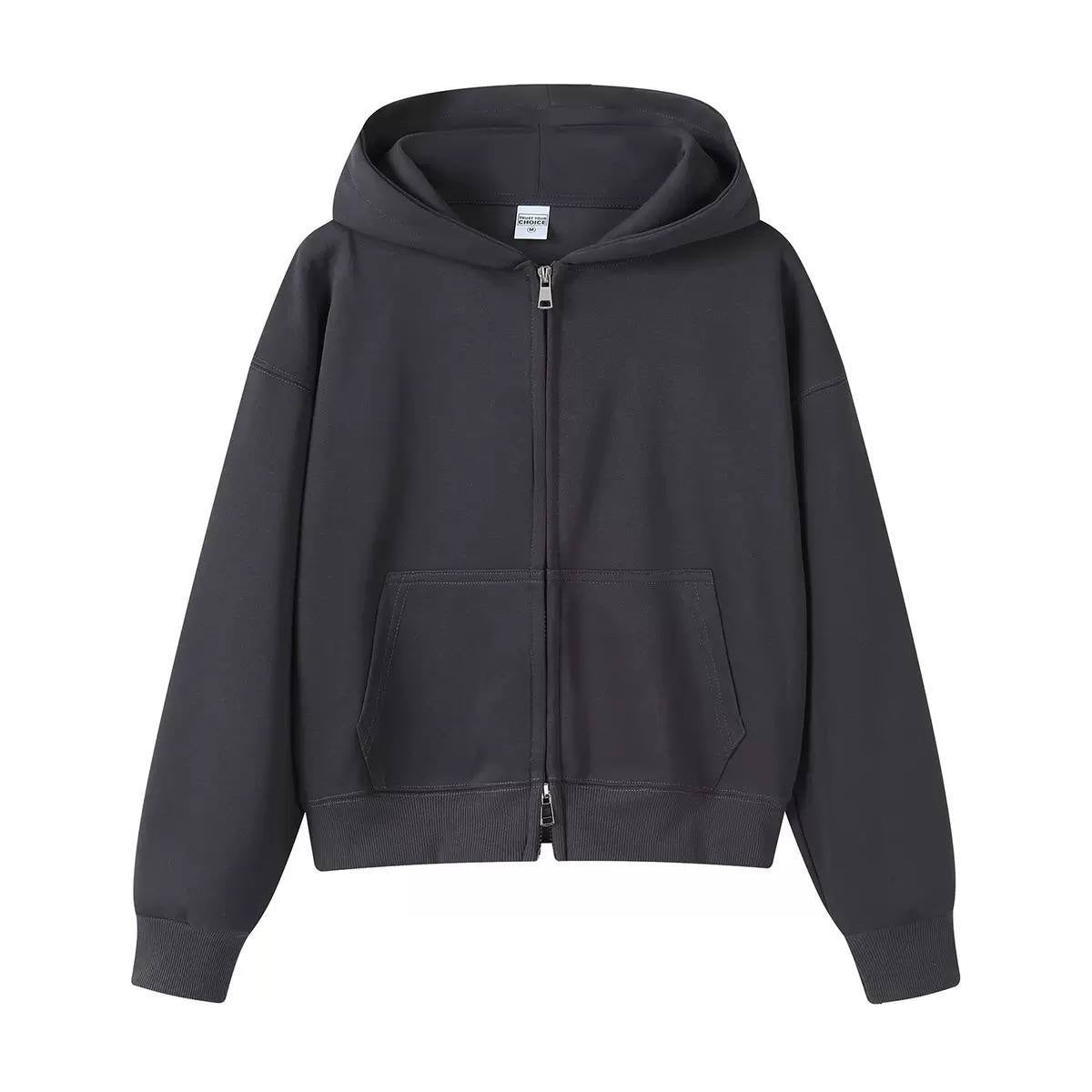 Hooded Jacket With Ribbed Cuffs and Two-Way Zipper – Dark Grey