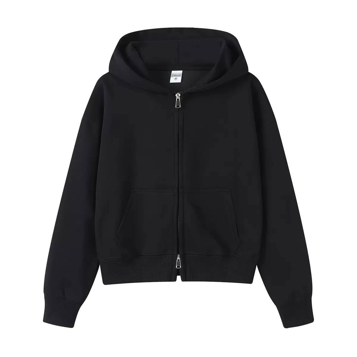 Hooded Jacket With Ribbed Cuffs and Two-Way Zipper – Black