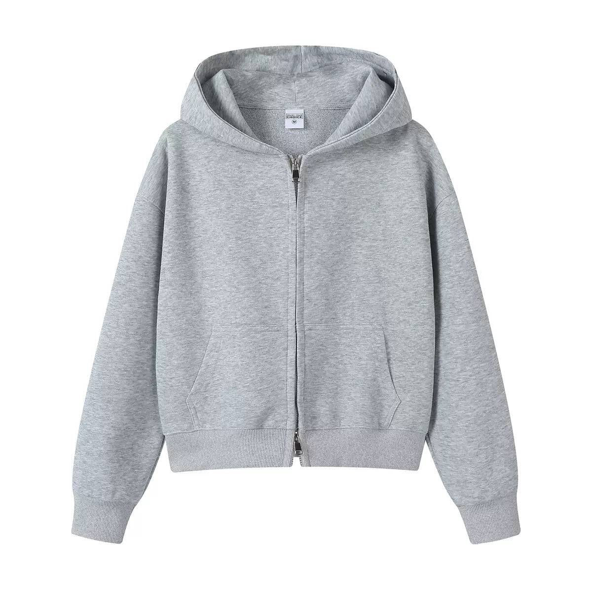 Hooded Jacket With Ribbed Cuffs and Two-Way Zipper – Grey