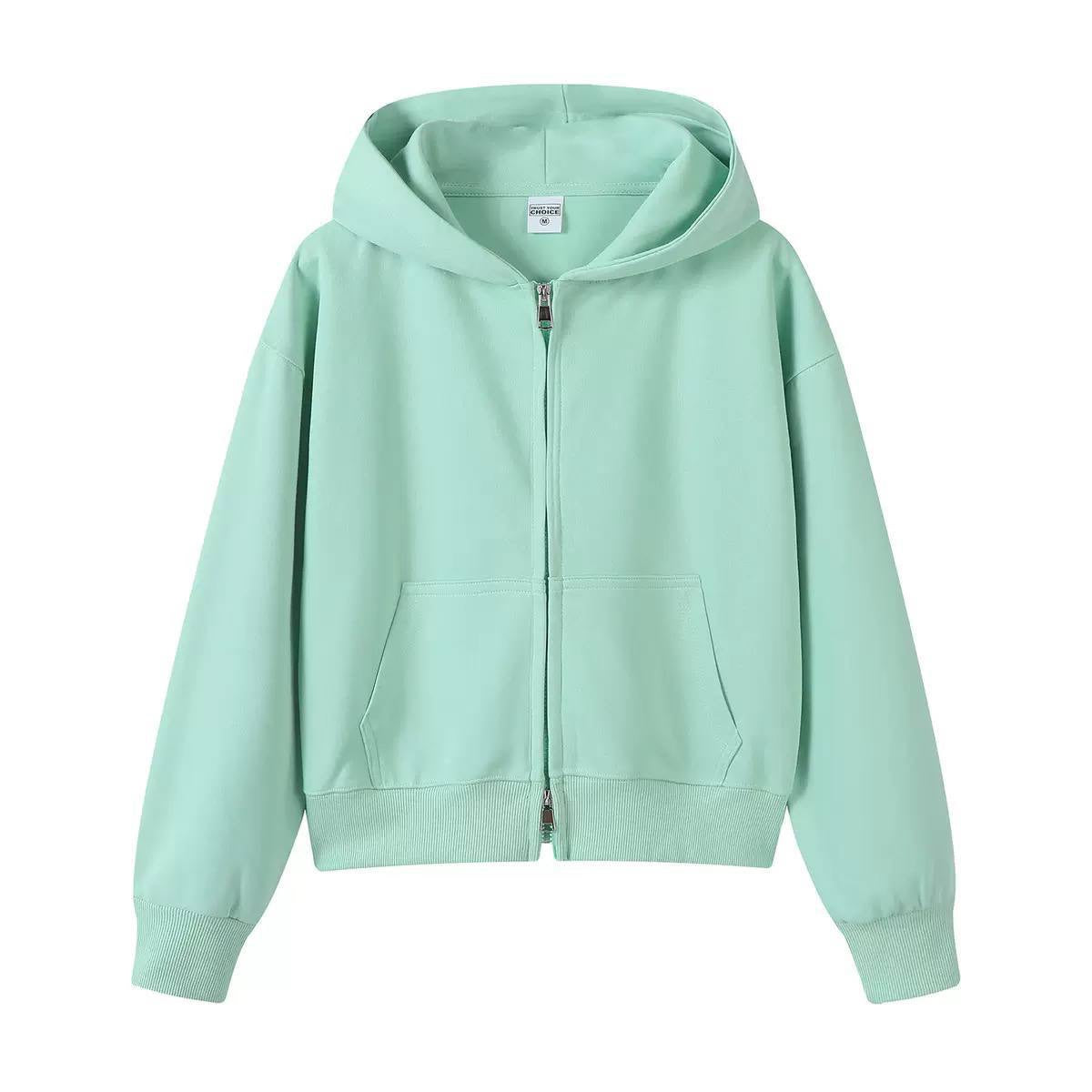 Hooded Jacket With Ribbed Cuffs and Two-Way Zipper – Mint Green
