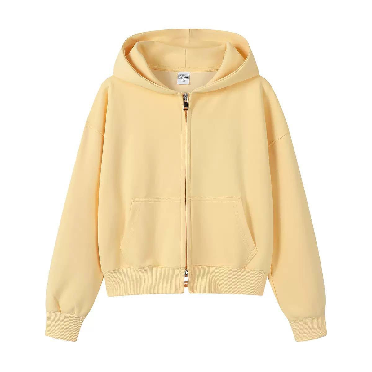 Hooded Jacket With Ribbed Cuffs and Two-Way Zipper – Yellow