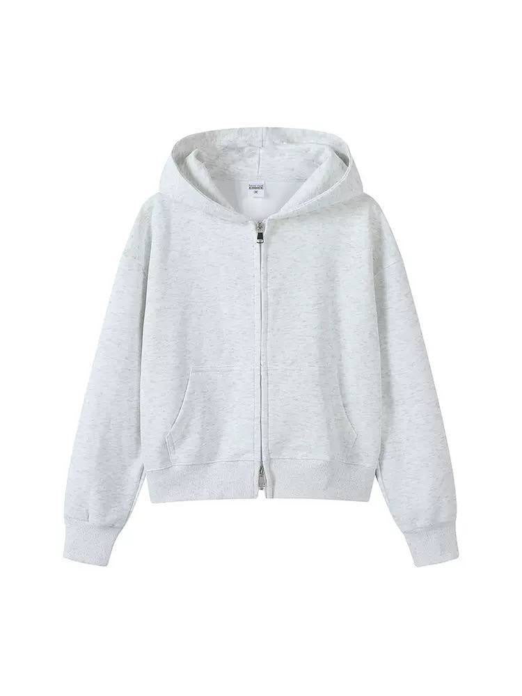 Hooded Jacket With Ribbed Cuffs and Two-Way Zipper – Light Grey