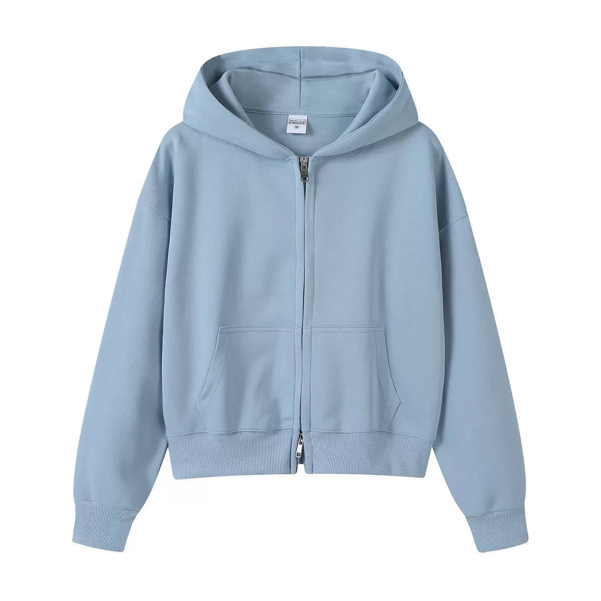 Hooded Jacket With Ribbed Cuffs and Two-Way Zipper – Light Blue