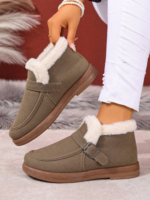 Apron-Toe Ankle Boots With Plush Collar and Buckle – Khaki