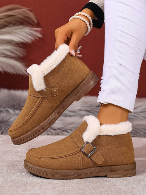 Apron-Toe Ankle Boots With Plush Collar and Buckle – Tan