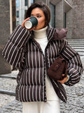 Striped Zip-Front Puffer Jacket With Roomy Sleeves – Brown Stripe