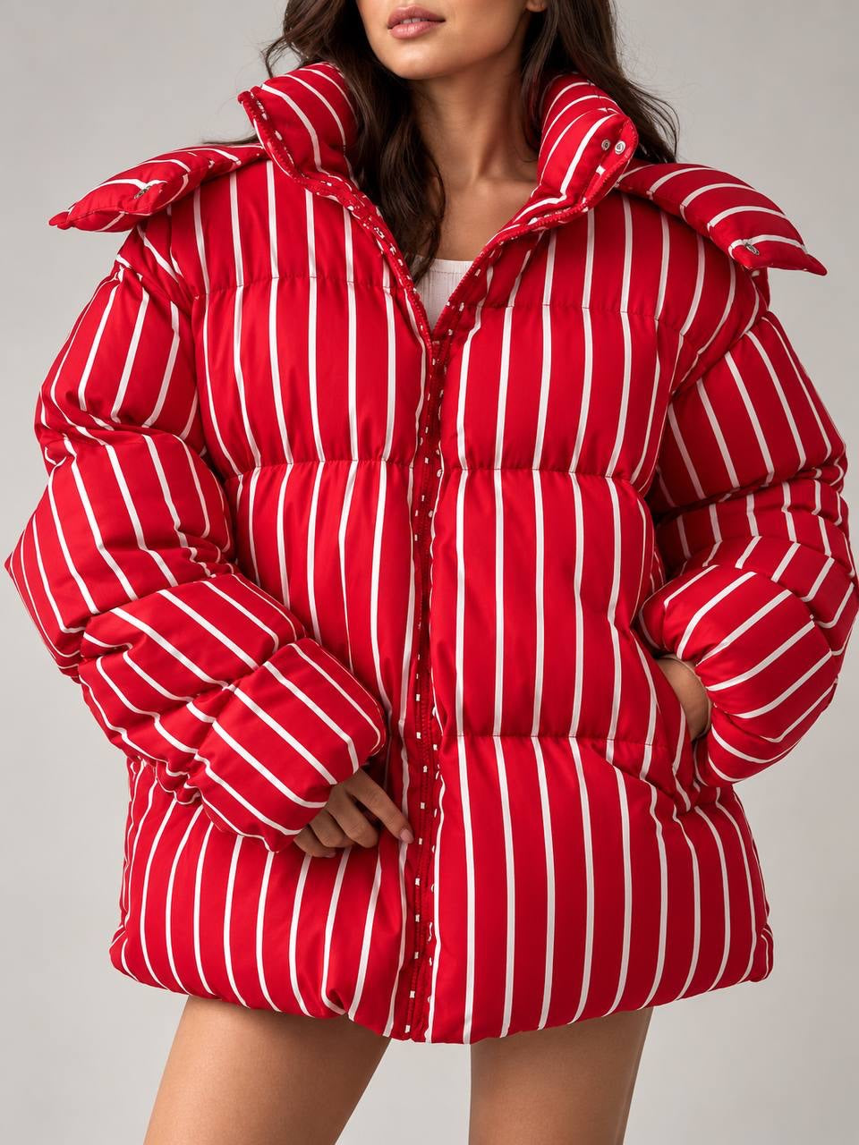 Striped Zip-Front Puffer Jacket With Roomy Sleeves – Red Stripe