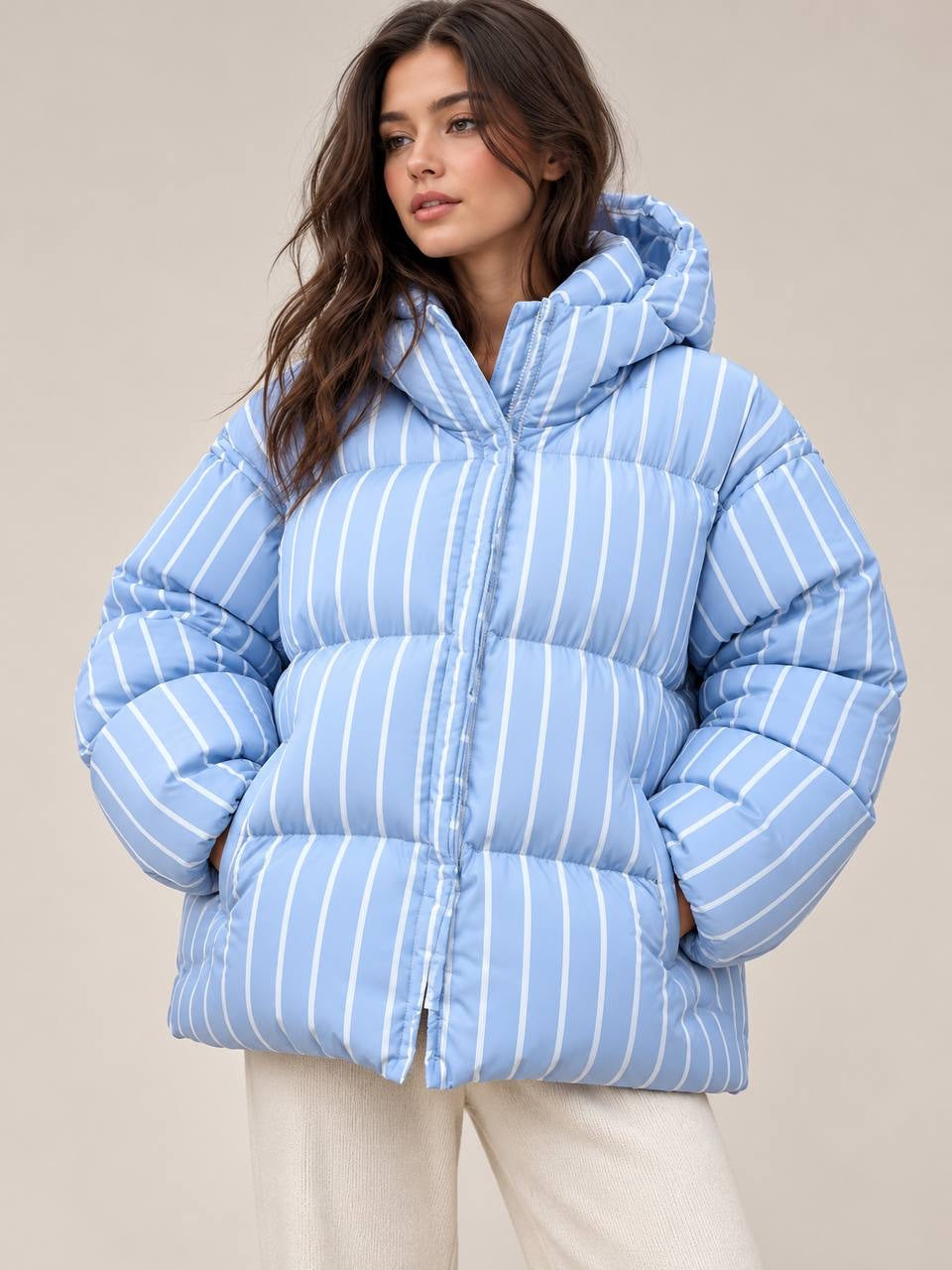Striped Zip-Front Puffer Jacket With Roomy Sleeves – Light Blue Stripe
