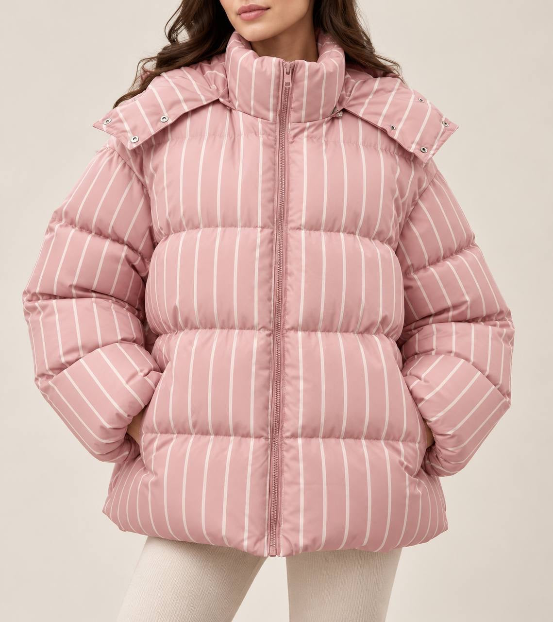 Striped Zip-Front Puffer Jacket With Roomy Sleeves – Pink Stripe