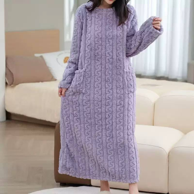 Raised-Texture Maxi Lounge Dress With Long Sleeves – Lilac