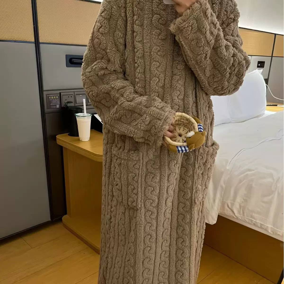 Raised-Texture Maxi Lounge Dress With Long Sleeves – Taupe