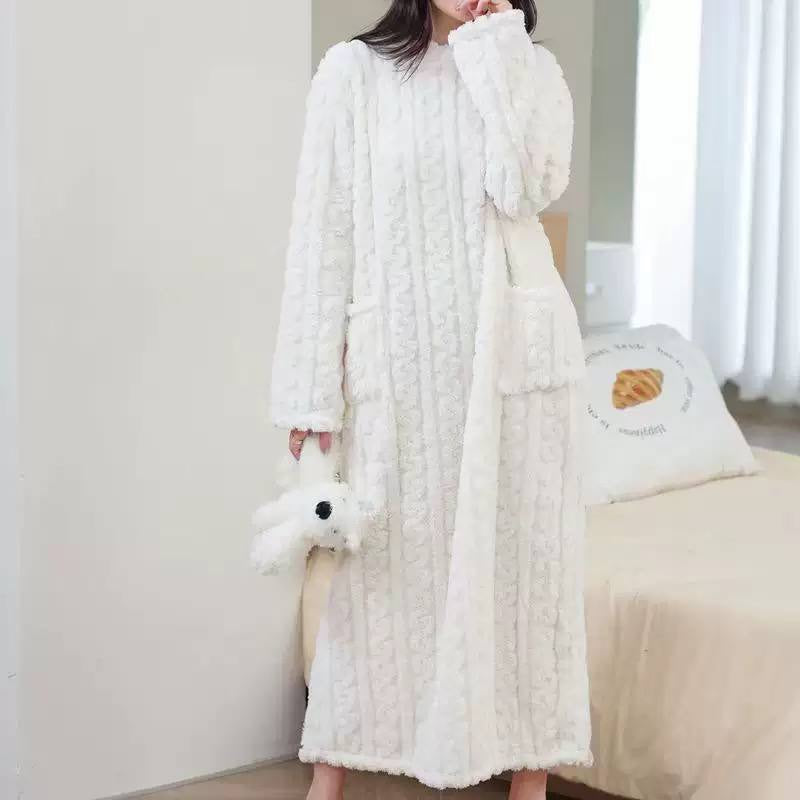 Raised-Texture Maxi Lounge Dress With Long Sleeves – White