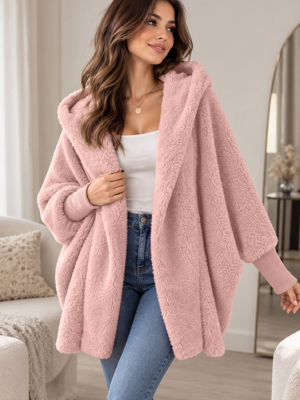 Plush Hooded Jacket With Generous Sleeves And Ribbed Cuffs – Pink
