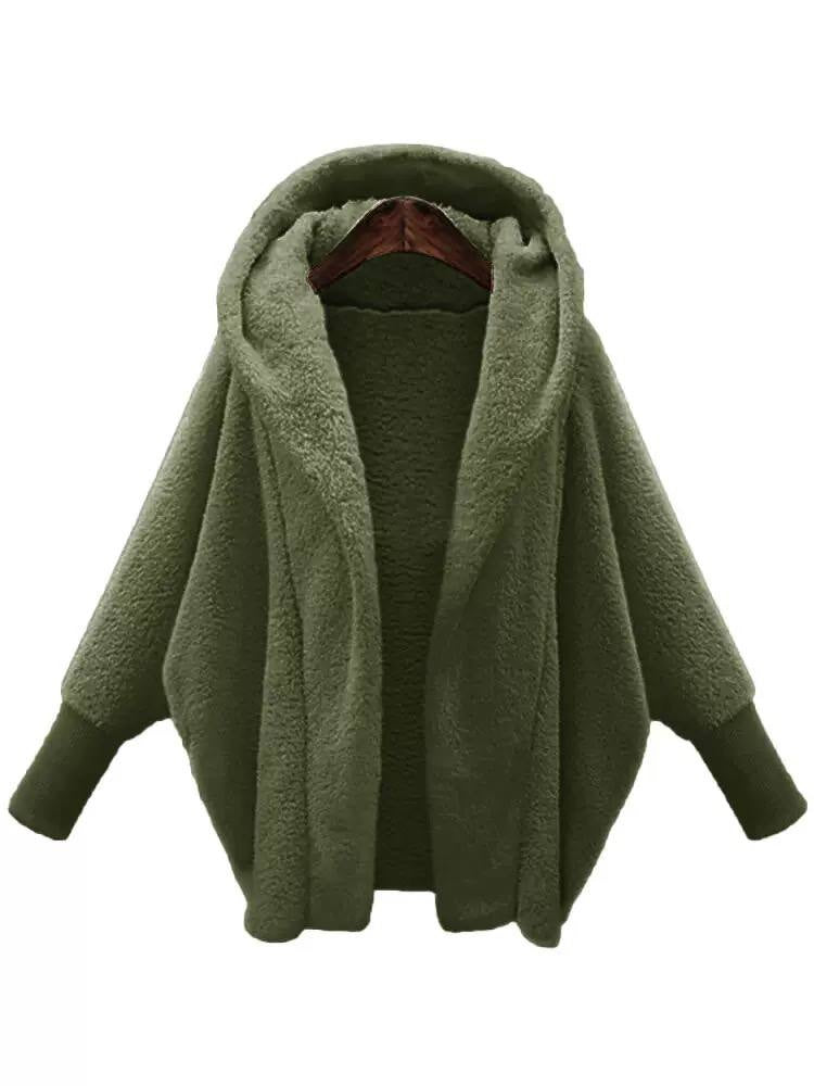 Plush Hooded Jacket With Generous Sleeves And Ribbed Cuffs – Olive Green