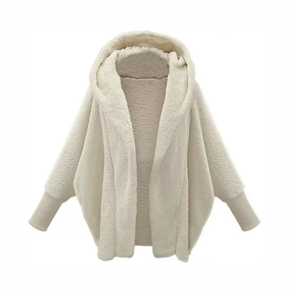Plush Hooded Jacket With Generous Sleeves And Ribbed Cuffs – Cream