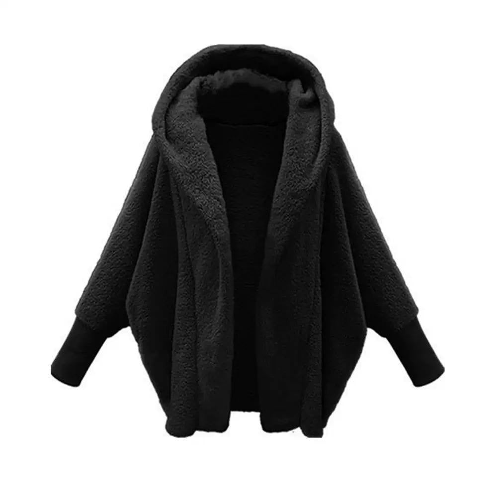 Plush Hooded Jacket With Generous Sleeves And Ribbed Cuffs – Black