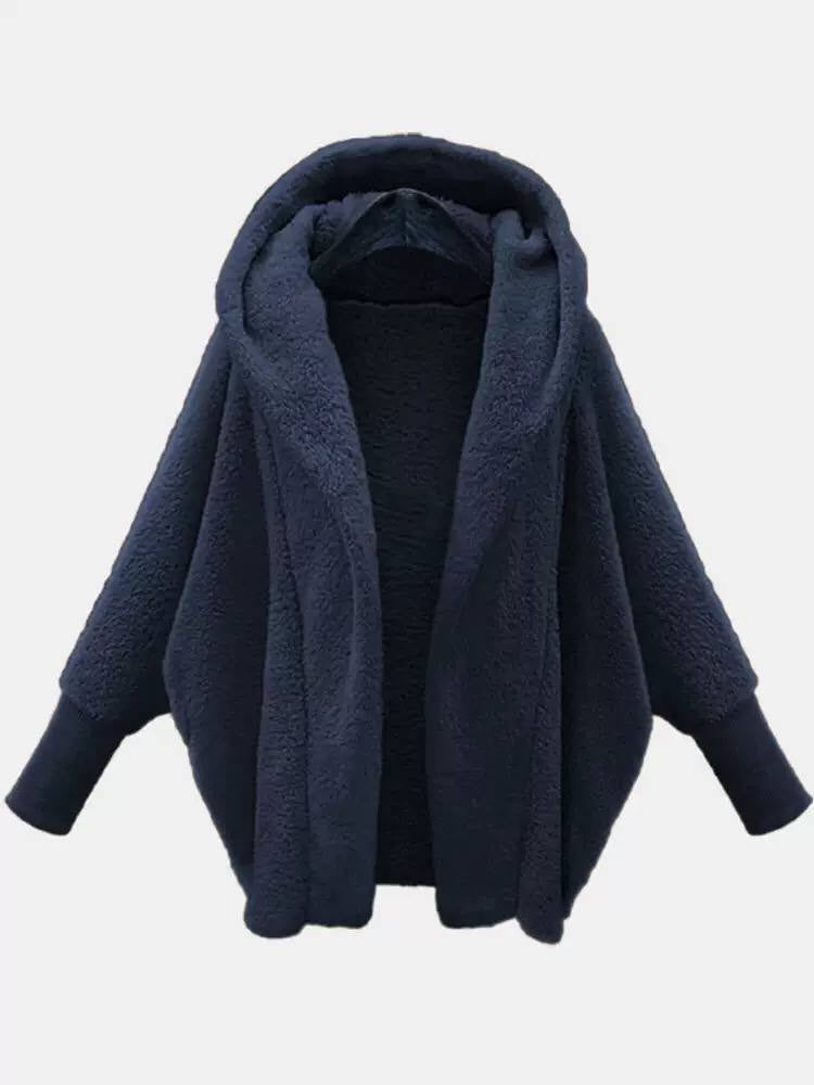 Plush Hooded Jacket With Generous Sleeves And Ribbed Cuffs – Navy