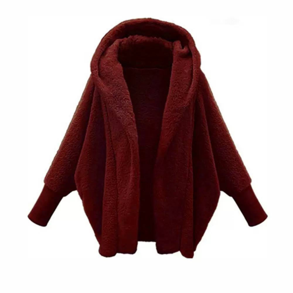 Plush Hooded Jacket With Generous Sleeves And Ribbed Cuffs – Burgundy