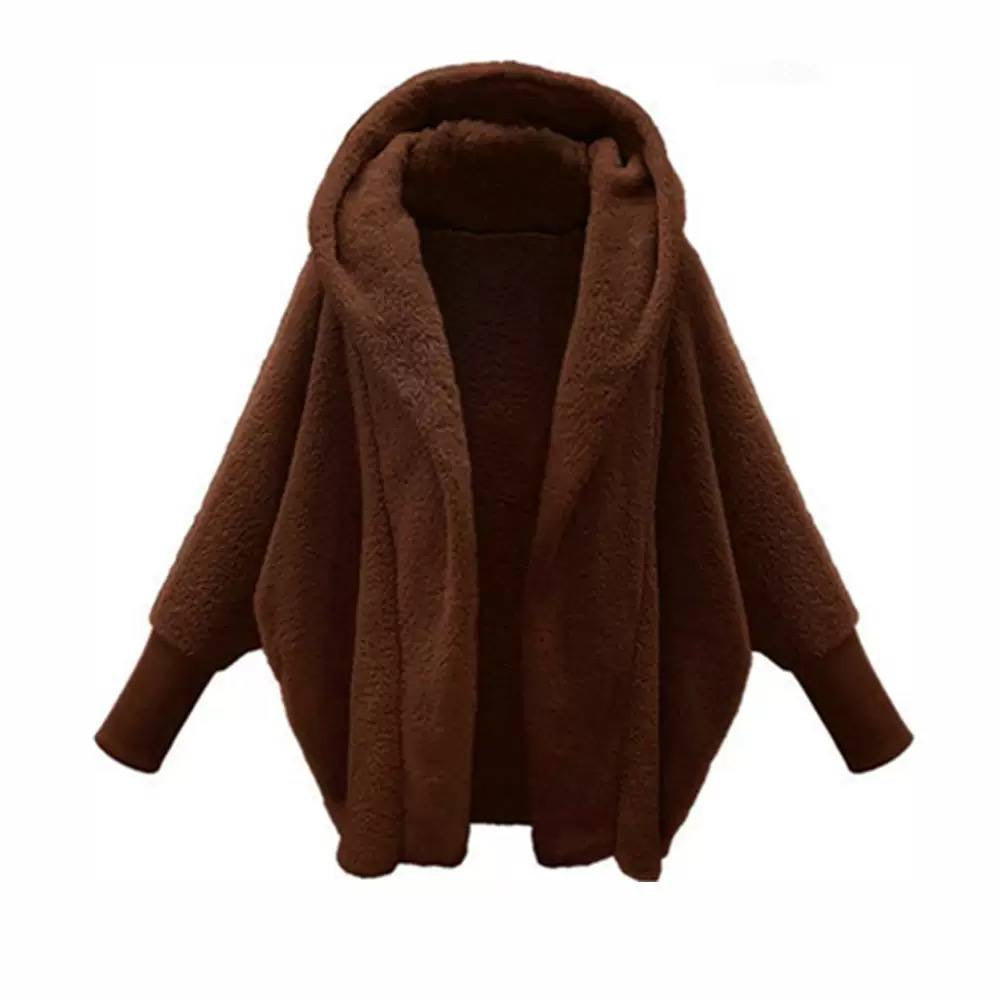 Plush Hooded Jacket With Generous Sleeves And Ribbed Cuffs – Brown