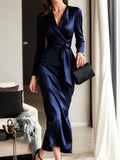 Draped Waist Long Sleeve Dress With Crossover Neckline – Navy