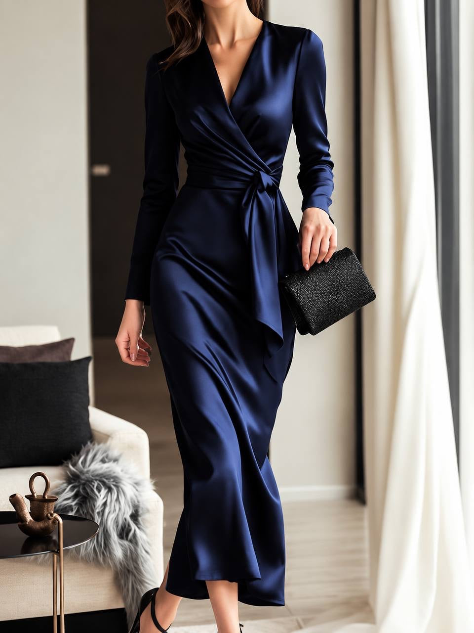 Draped Waist Long Sleeve Dress With Crossover Neckline – Navy