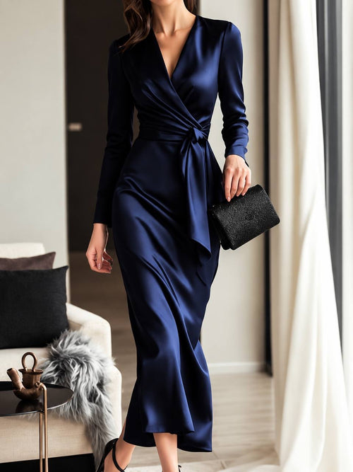 Draped Waist Long Sleeve Dress With Crossover Neckline – Navy