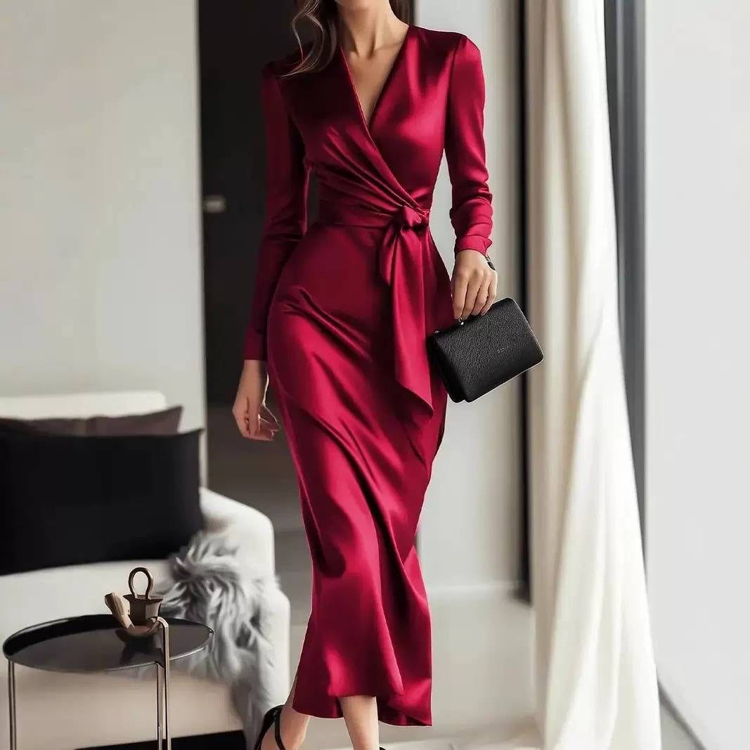 Draped Waist Long Sleeve Dress With Crossover Neckline – Red