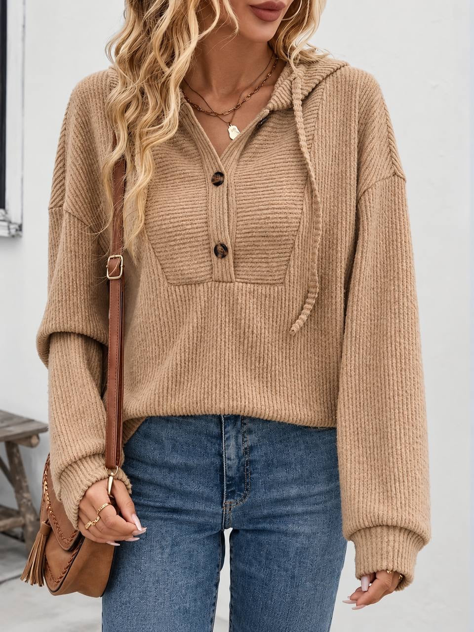 Long Sleeve Hooded Sweater With Textured Front Panel – Beige