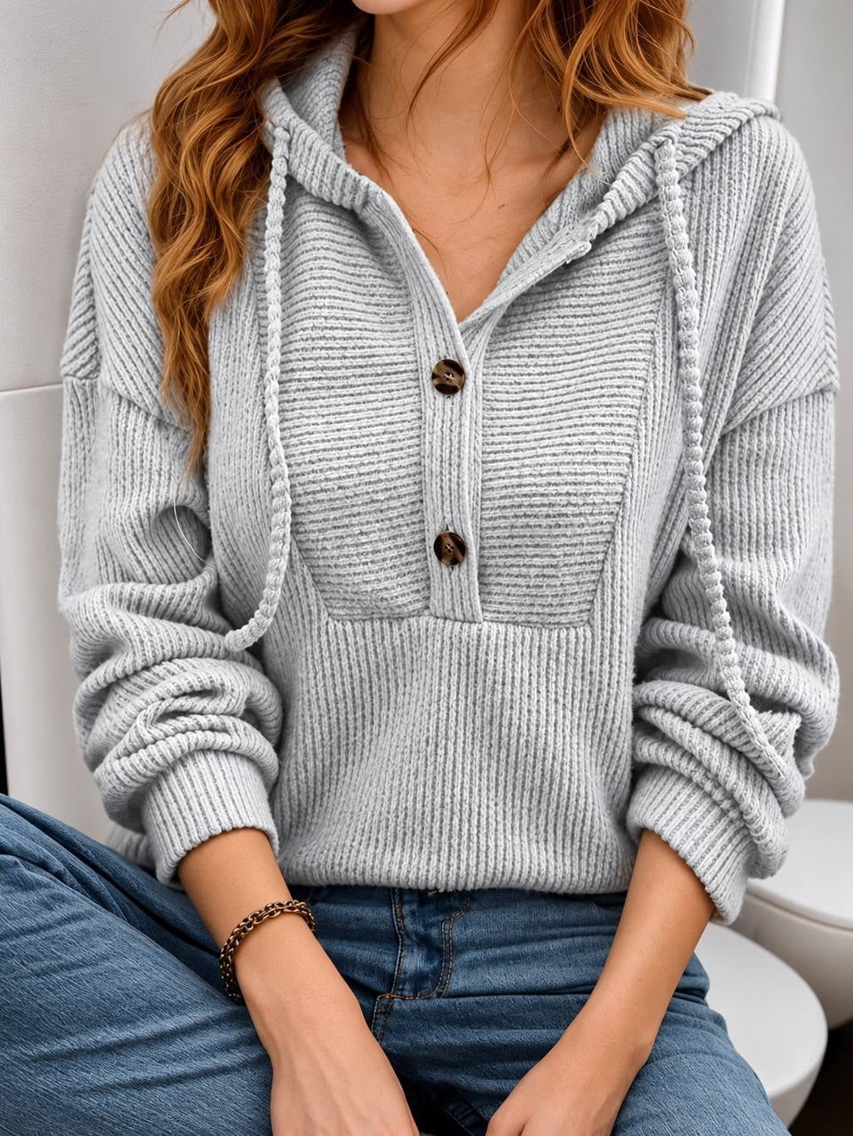 Long Sleeve Hooded Sweater With Textured Front Panel – Light Grey