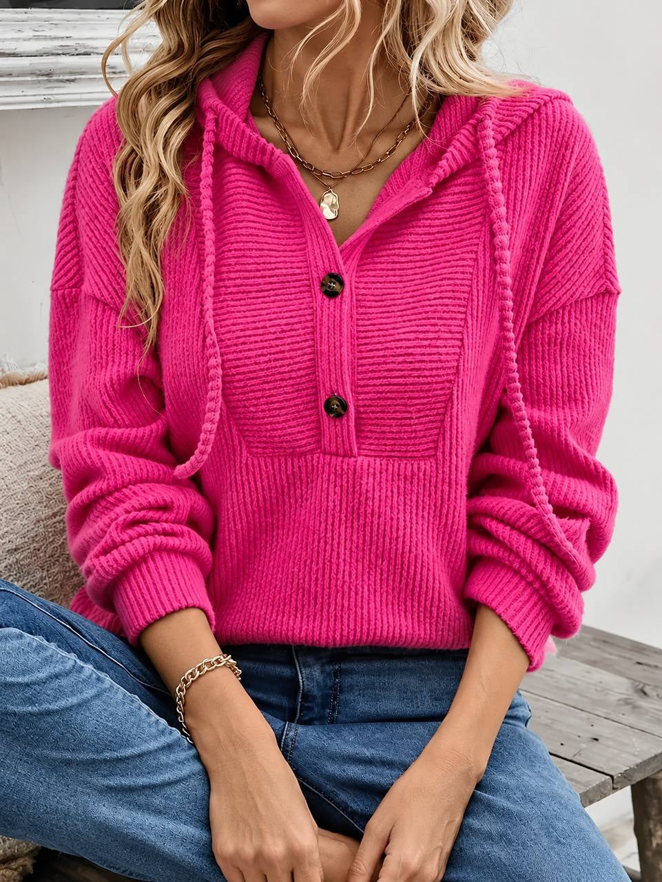 Long Sleeve Hooded Sweater With Textured Front Panel – Hot Pink