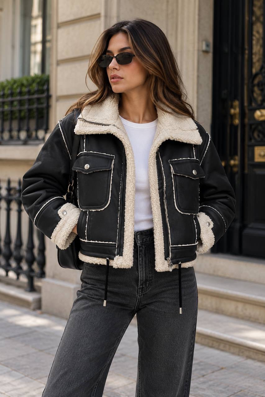 Short Drawstring Jacket With Plush Collar And Cuffs – Black