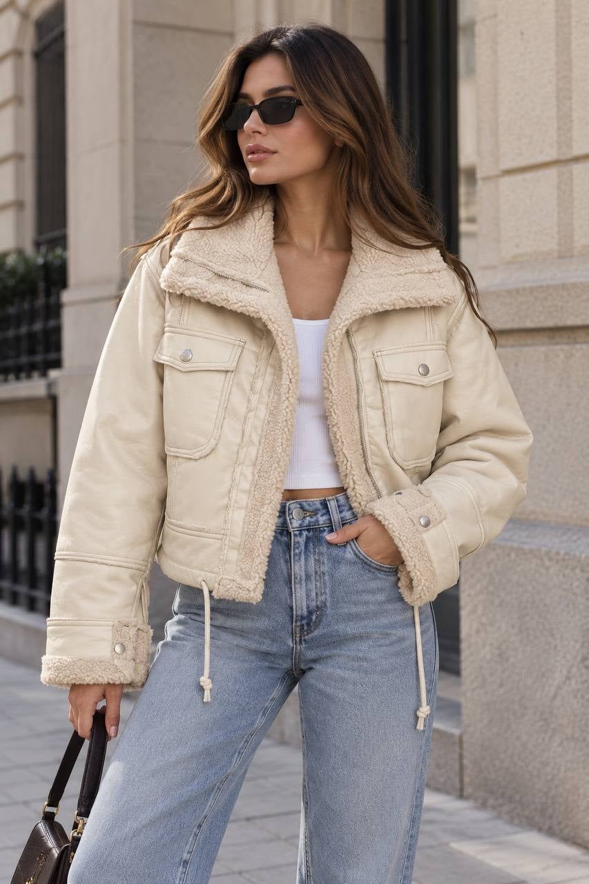 Short Drawstring Jacket With Plush Collar And Cuffs – Cream