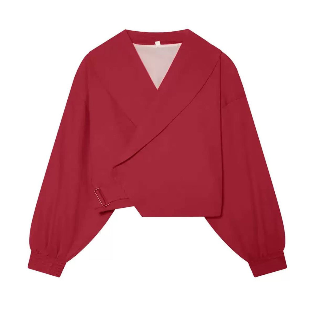 Wide-Collar Cropped Jacket With Buckle and Gathered Cuffs – Red