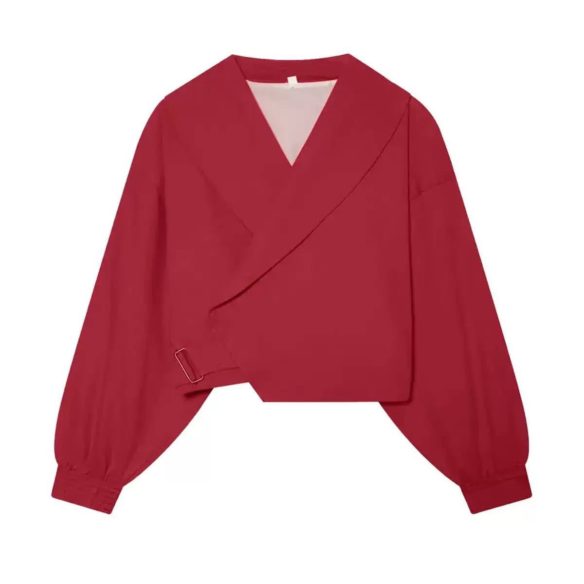Wide-Collar Cropped Jacket With Buckle and Gathered Cuffs – Red