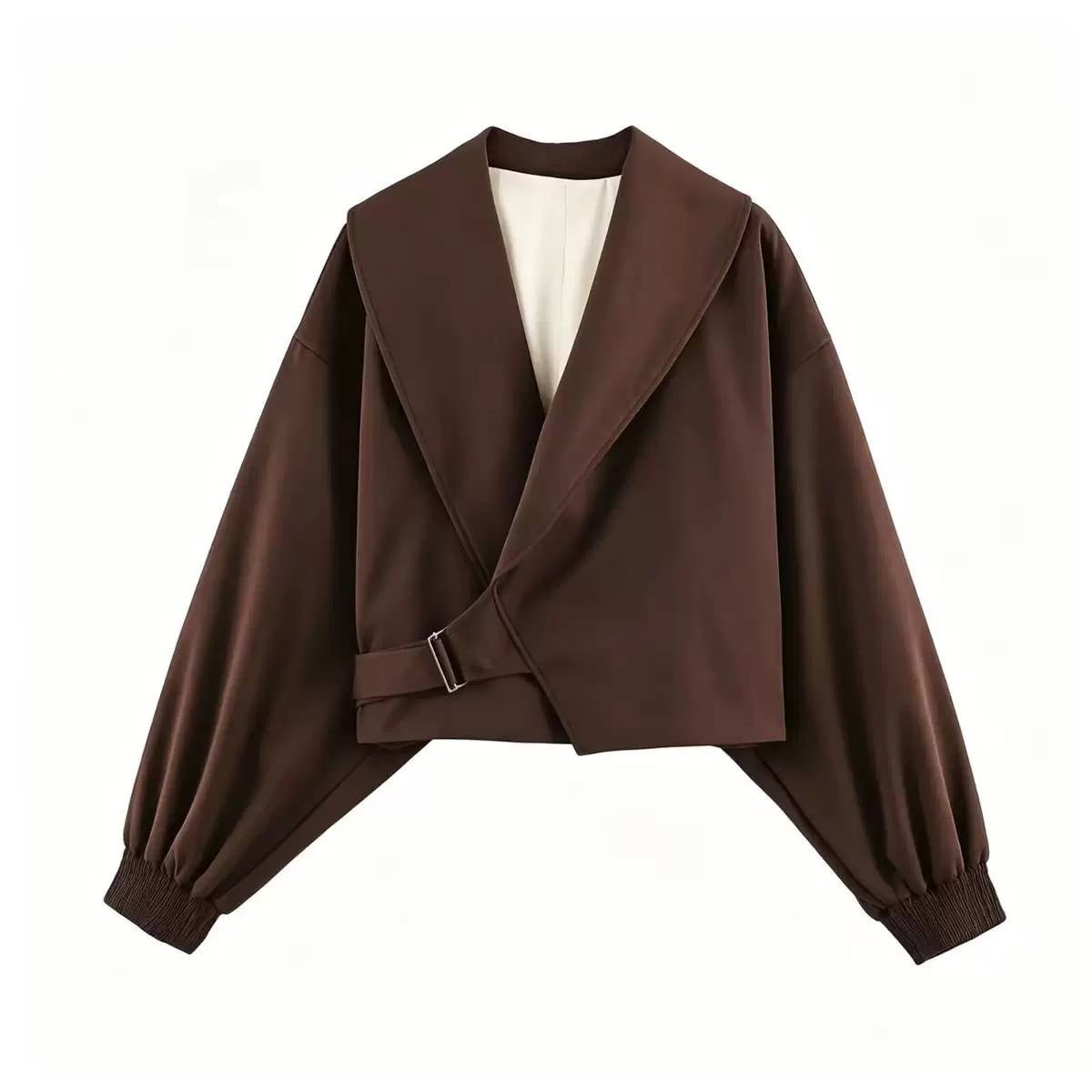 Wide-Collar Cropped Jacket With Buckle and Gathered Cuffs – Brown