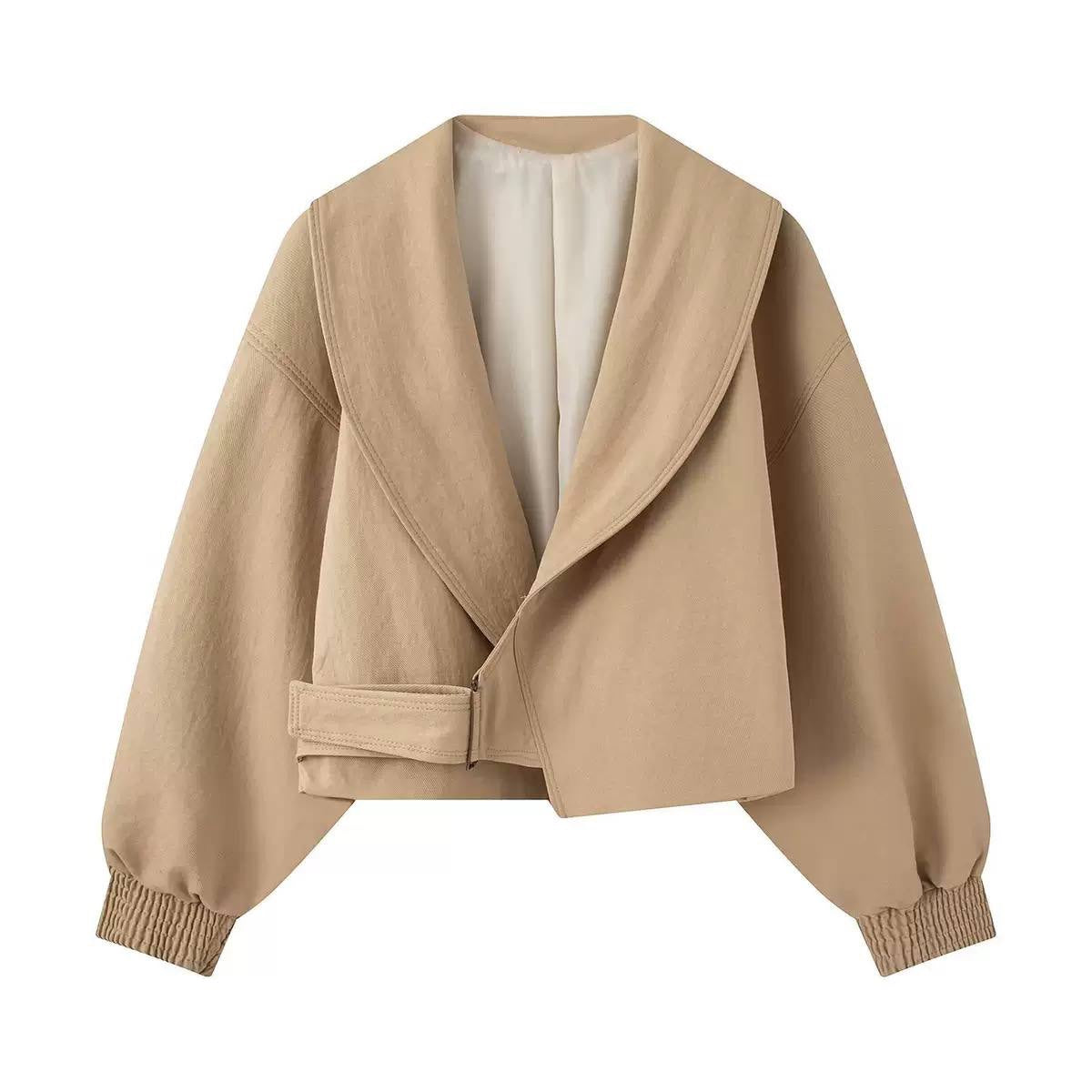 Wide-Collar Cropped Jacket With Buckle and Gathered Cuffs – Beige