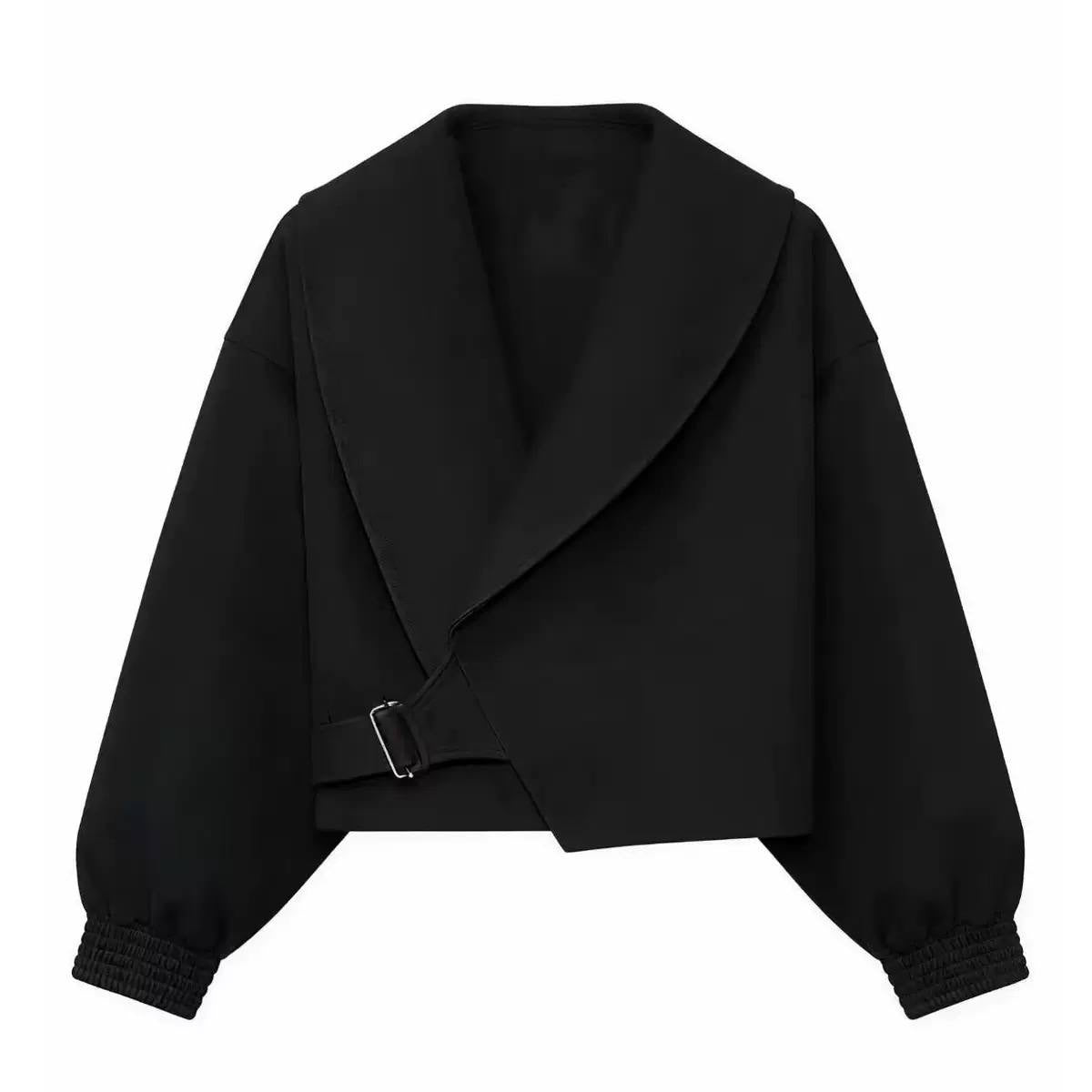 Wide-Collar Cropped Jacket With Buckle and Gathered Cuffs – Black