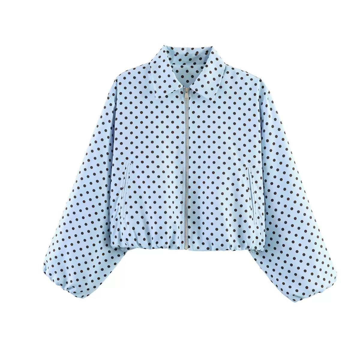 Balloon Sleeve Polka Dot Jacket With Front Pockets – Light Blue Polka Dot