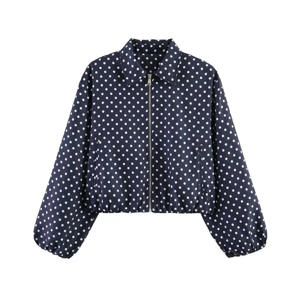 Balloon Sleeve Polka Dot Jacket With Front Pockets – Navy Polka Dot