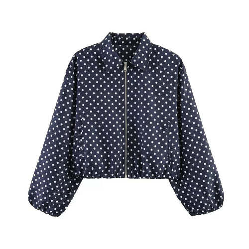Balloon Sleeve Polka Dot Jacket With Front Pockets – Navy Polka Dot