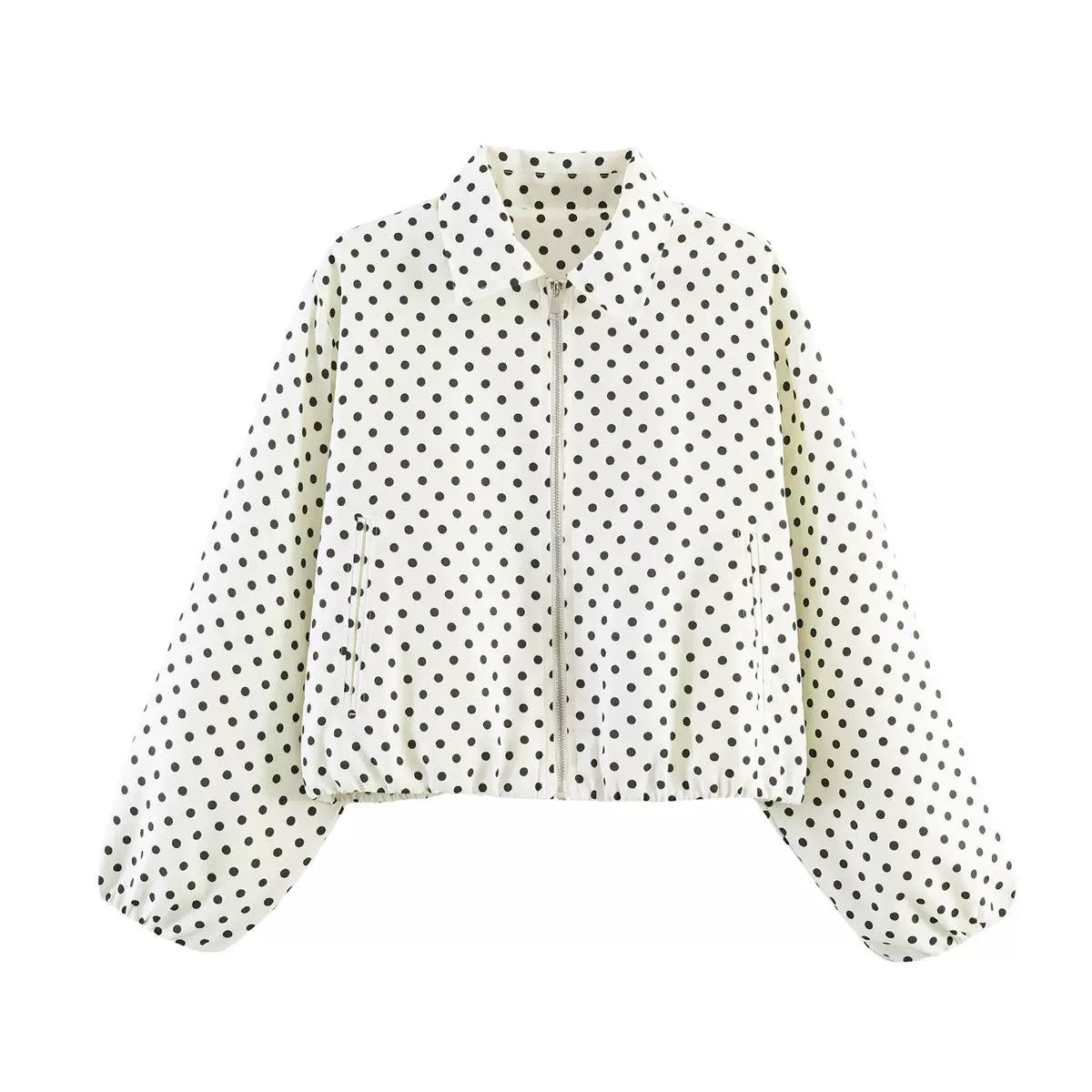 Balloon Sleeve Polka Dot Jacket With Front Pockets – Cream Polka Dot