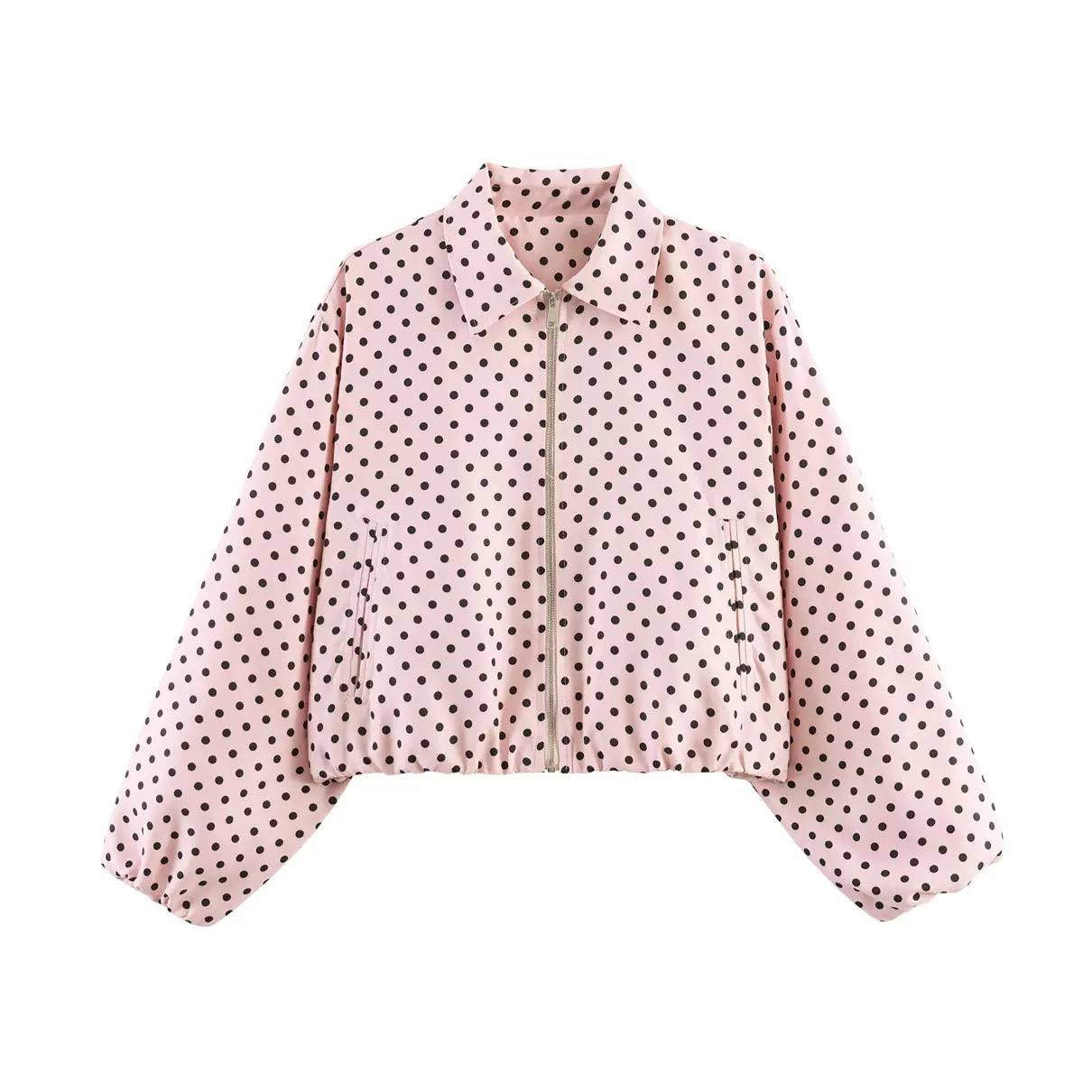 Balloon Sleeve Polka Dot Jacket With Front Pockets – Pink Polka Dot
