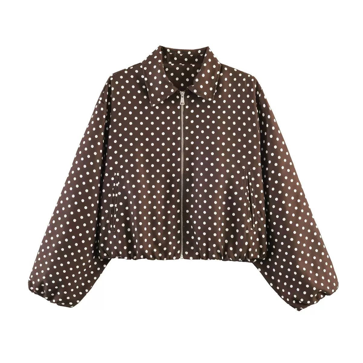 Balloon Sleeve Polka Dot Jacket With Front Pockets – Brown Polka Dot